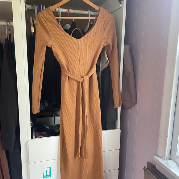Pact Ribbed Jazz Dress, Camel, Small - Picture 2 of 5